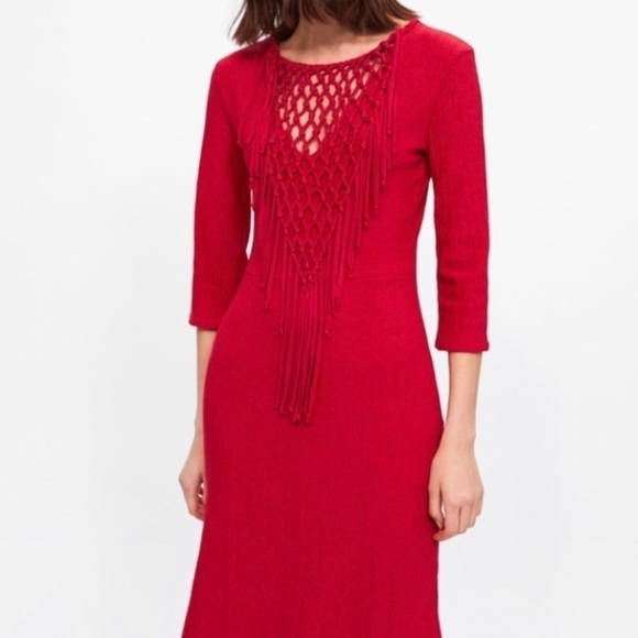 ZARA Women's Red Crochet Knotted Bib Maxi Dress 3/4 Sleeve Sz S - Picture 8 of 10